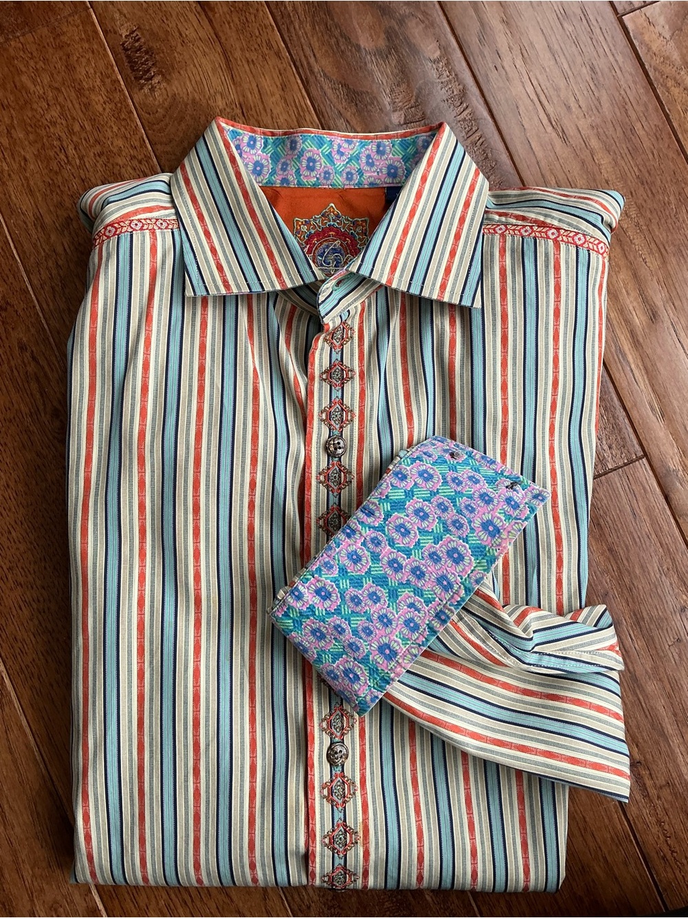 Robert Graham Striped Multicolor Button Down Shirt, Pink Pattern Cuff, XL